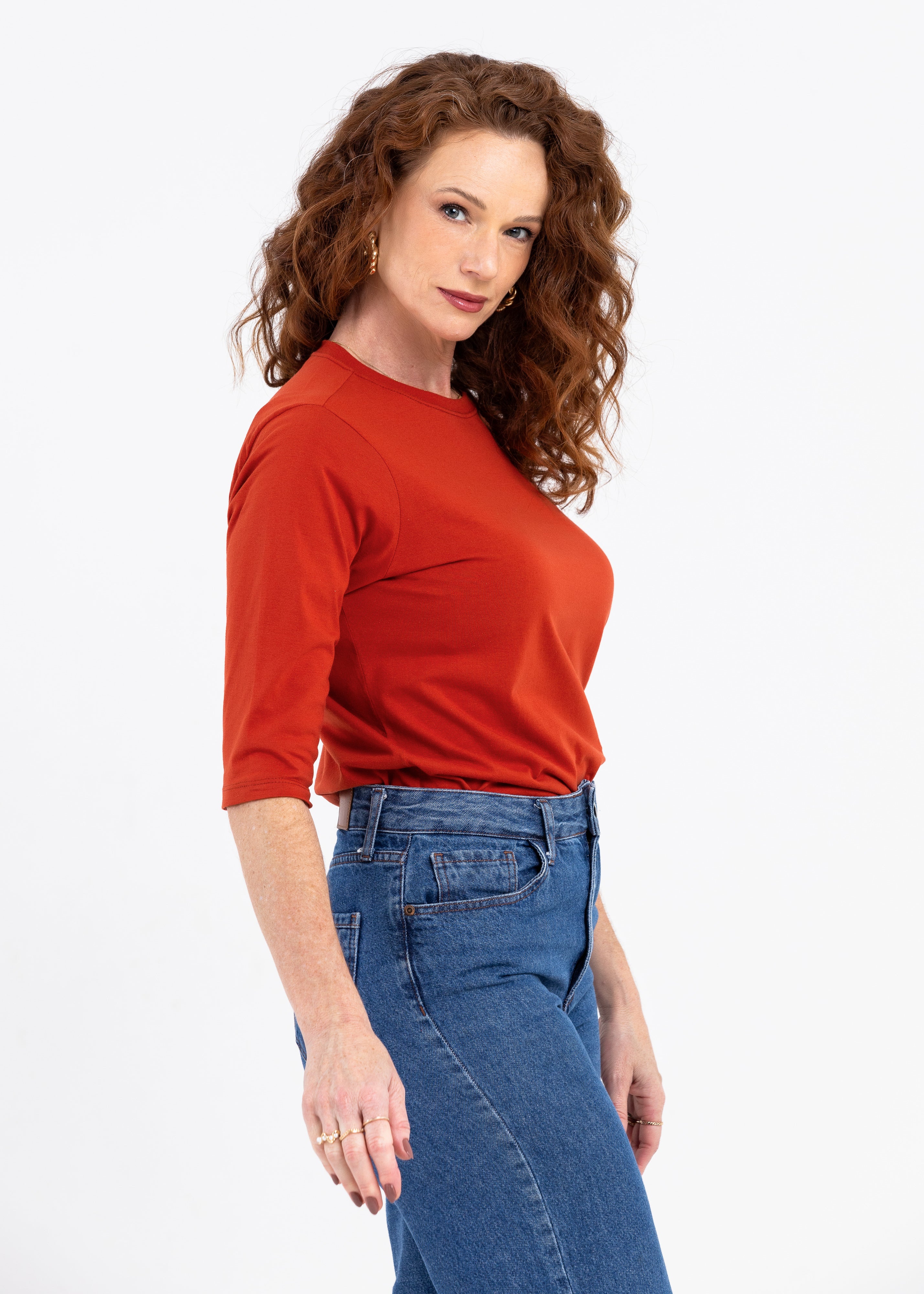 Camiseta Feminina Manga 3/4 Gola Redonda - Telha