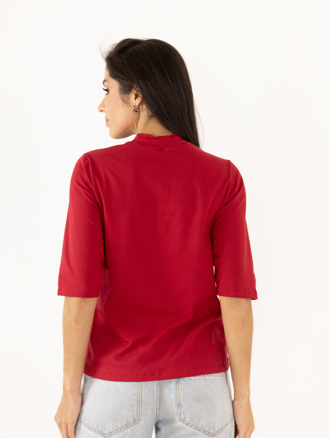 Básica Gola Role Manga 3/4 Malha com Elastano Vermelho