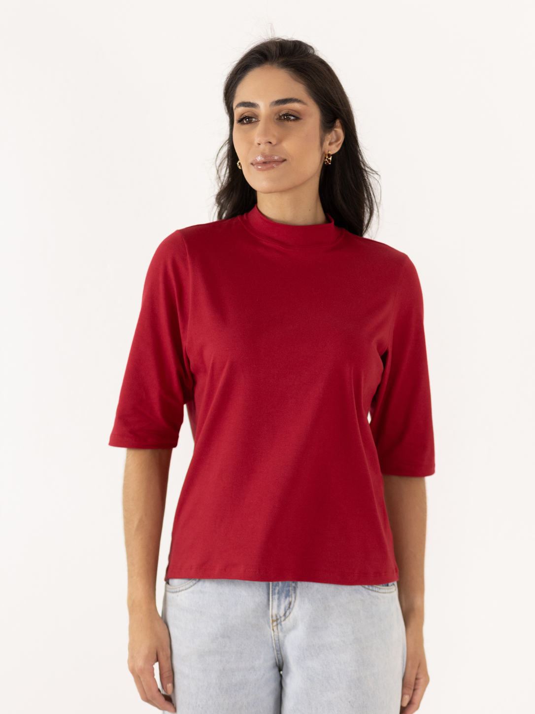 Básica Gola Role Manga 3/4 Malha com Elastano Vermelho