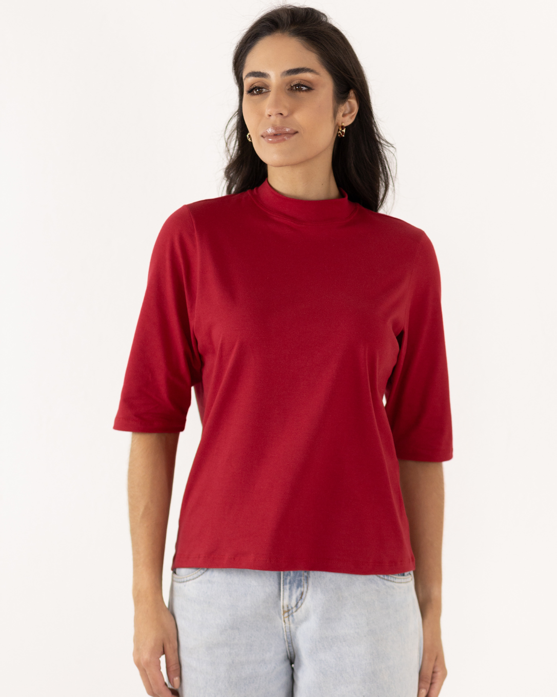 Básica Gola Role Manga 3/4 Malha com Elastano Vermelho