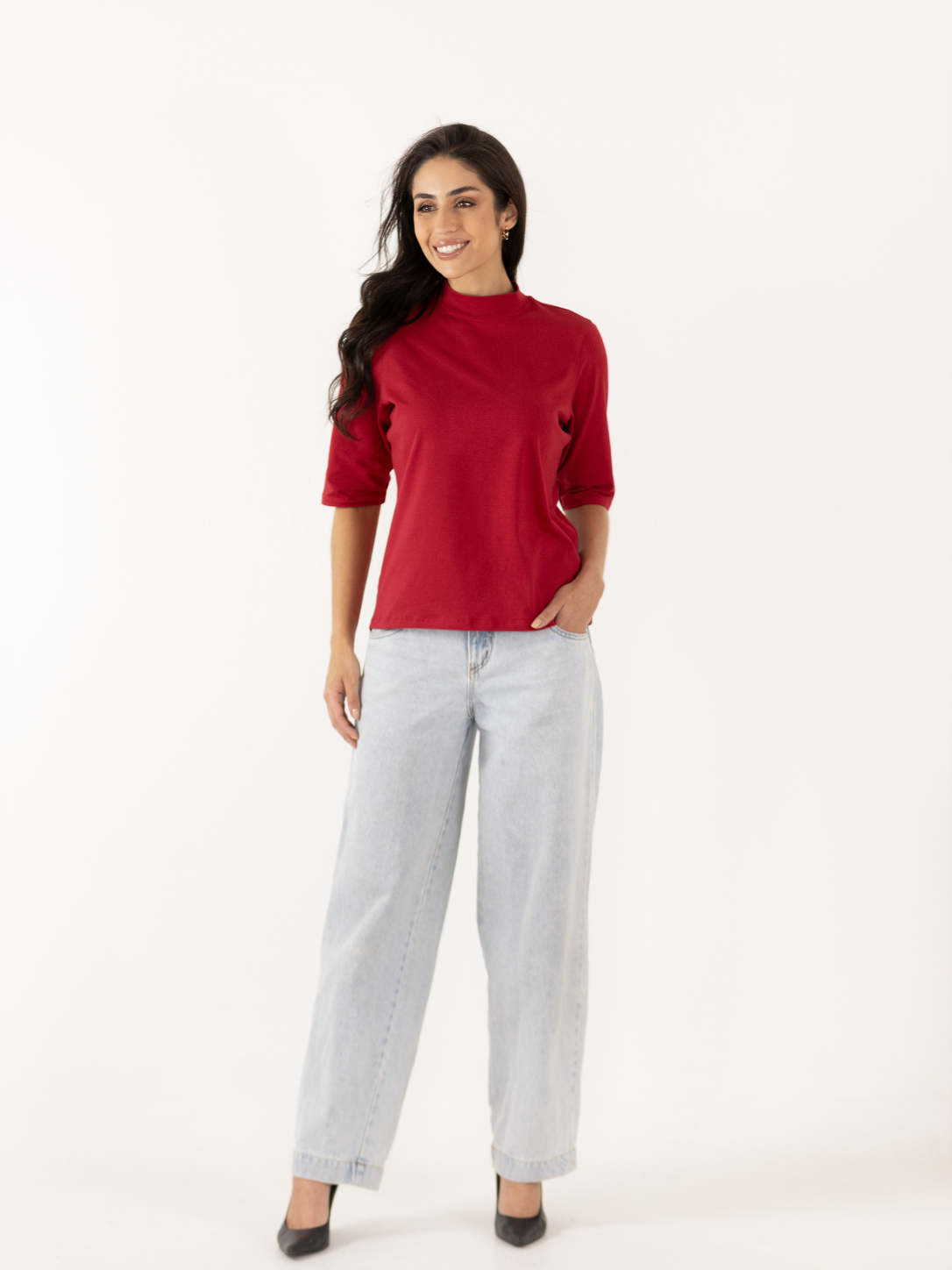 Básica Gola Role Manga 3/4 Malha com Elastano Vermelho