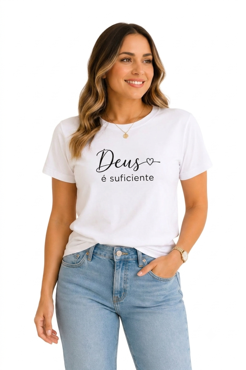 Camiseta Básica Manga Curta Branca Deus é Suficiente
