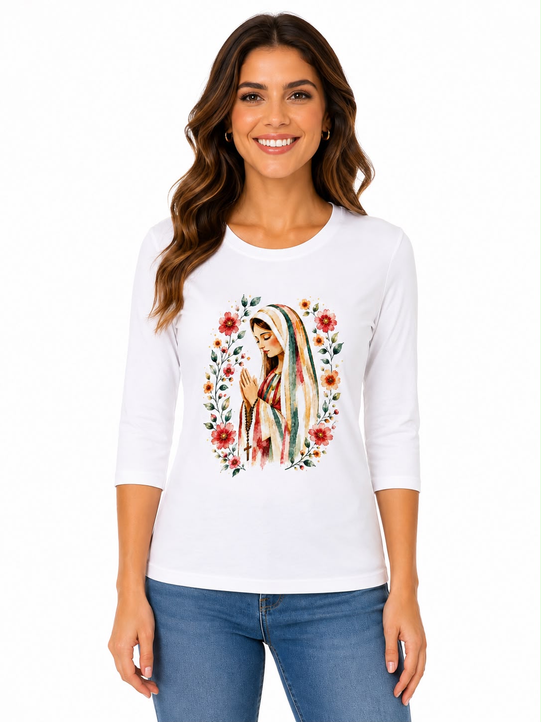 Camiseta Manga 3/4 Branca Virgem Maria
