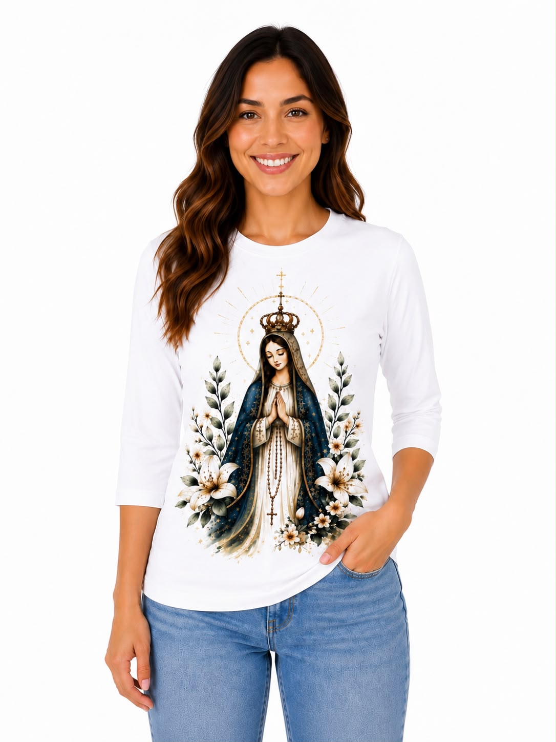 Camiseta Manga 3/4 Branca Nossa Senhora Aparecida