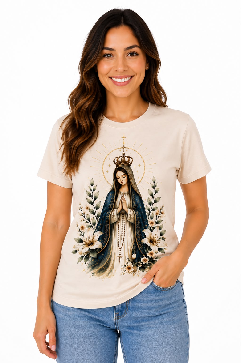 Camiseta Manga Curta Bege Nossa Senhora Aparecida