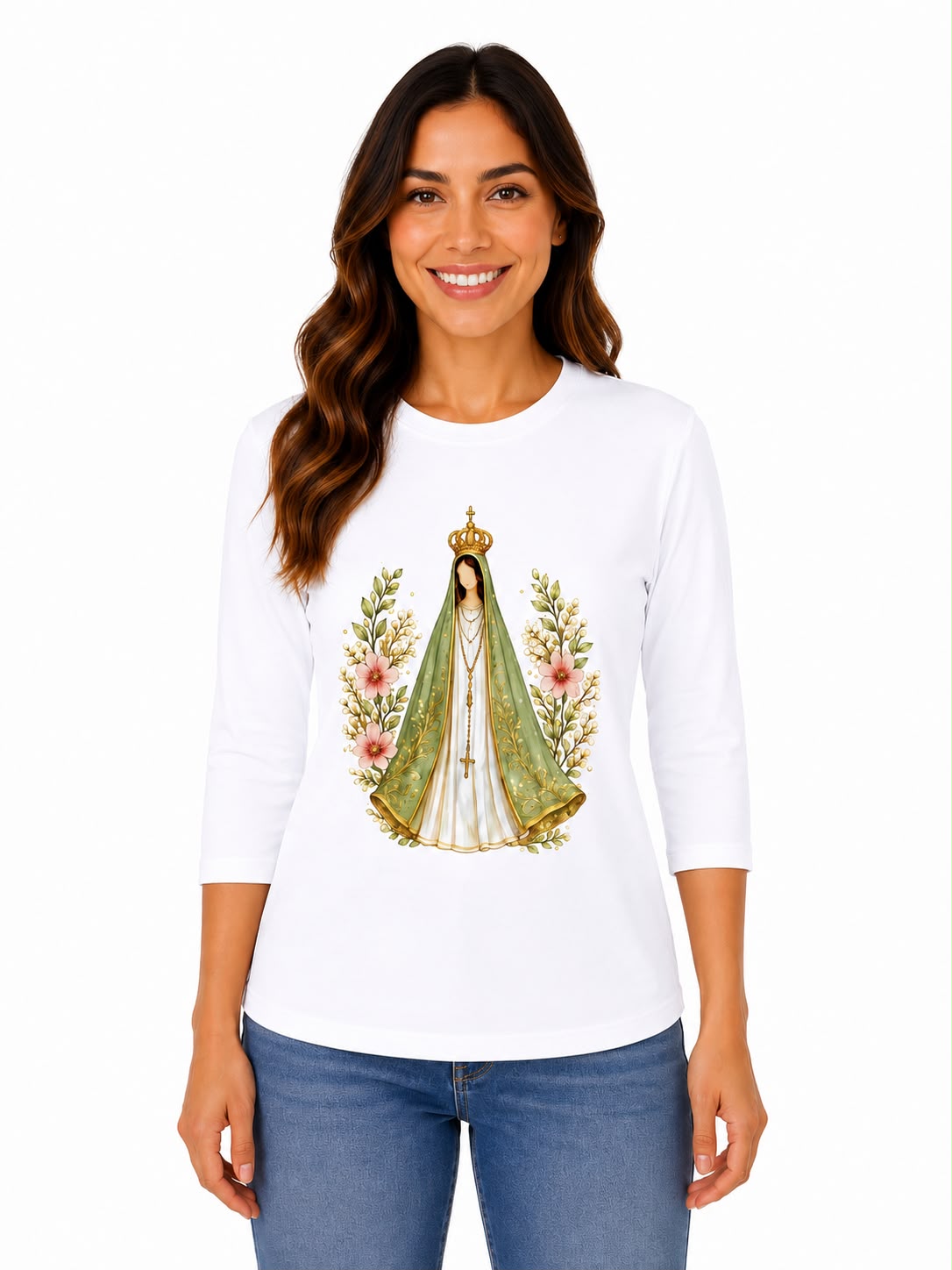 Camiseta Manga 3/4 Branca Nossa Senhora Aparecida Manto Verde
