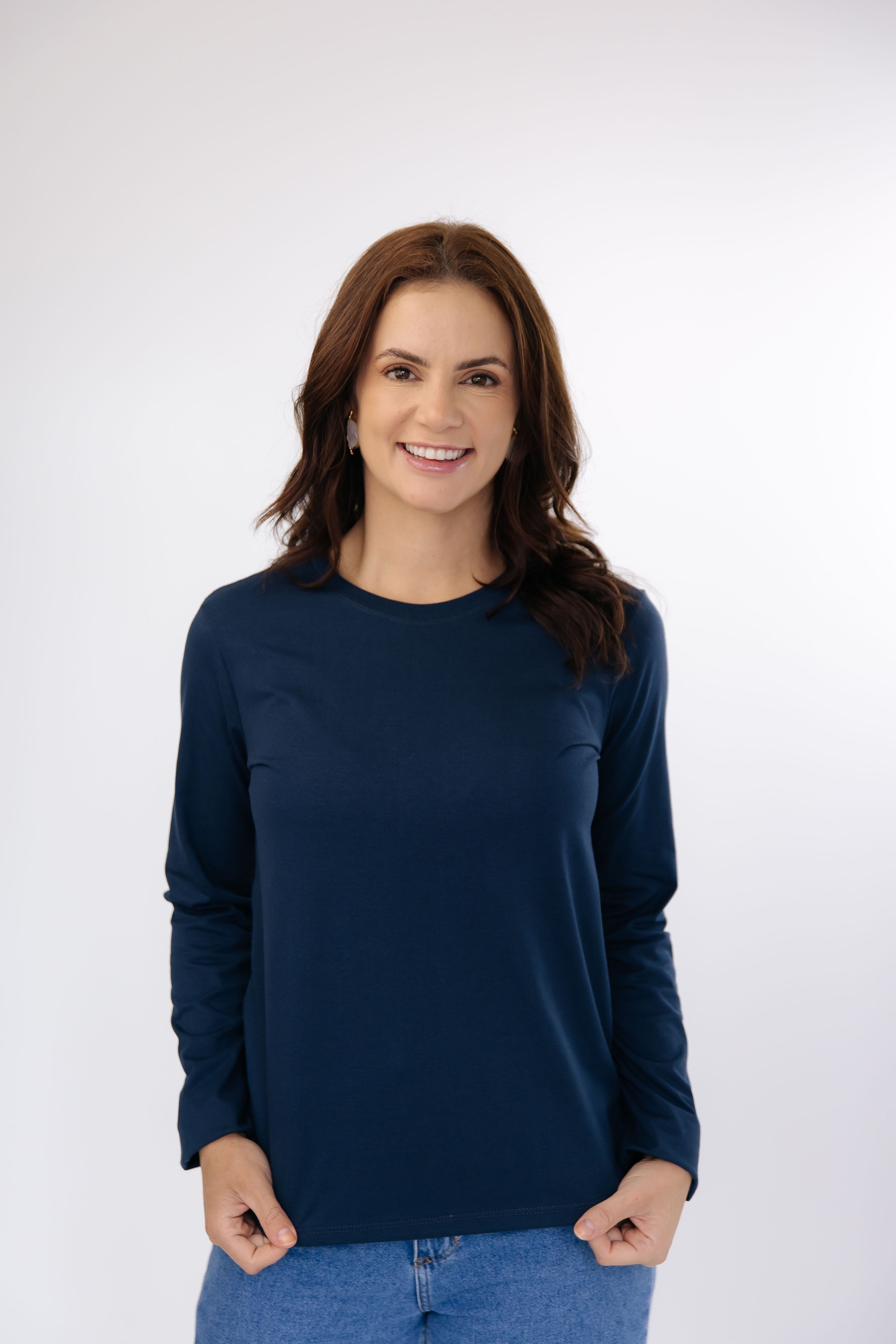 Camiseta  Feminina Manga Longa Algodão -Marinho