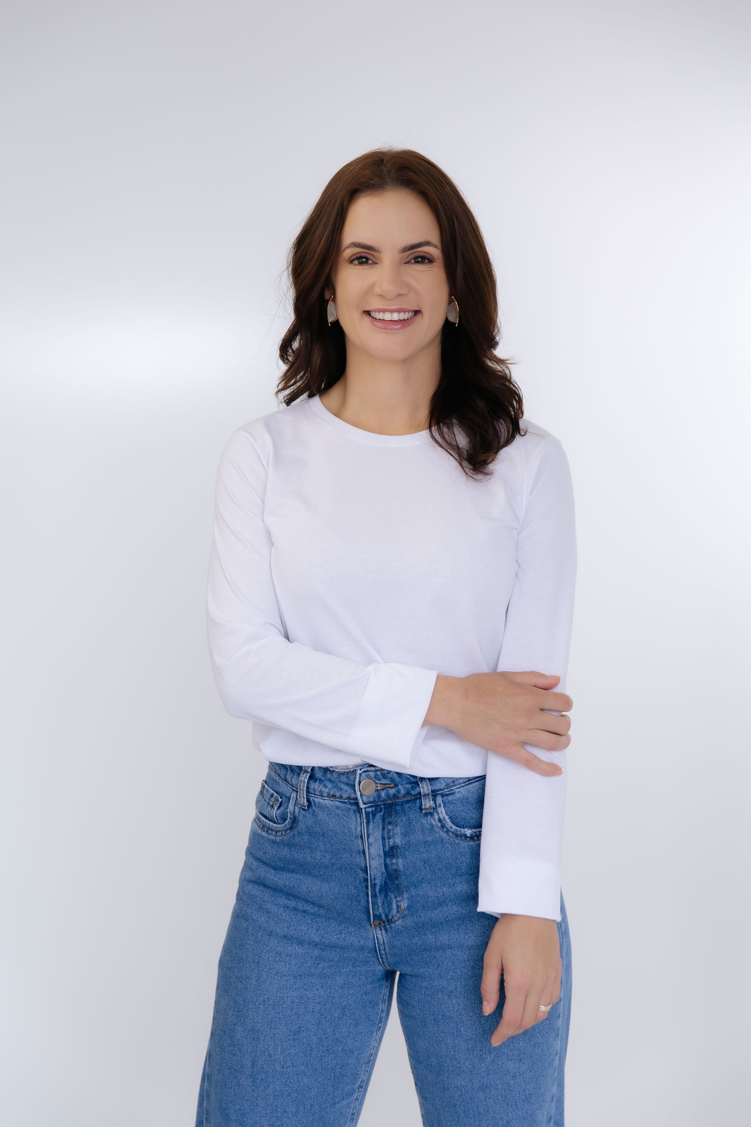 Camiseta  Feminina Manga Longa Algodão -Branco