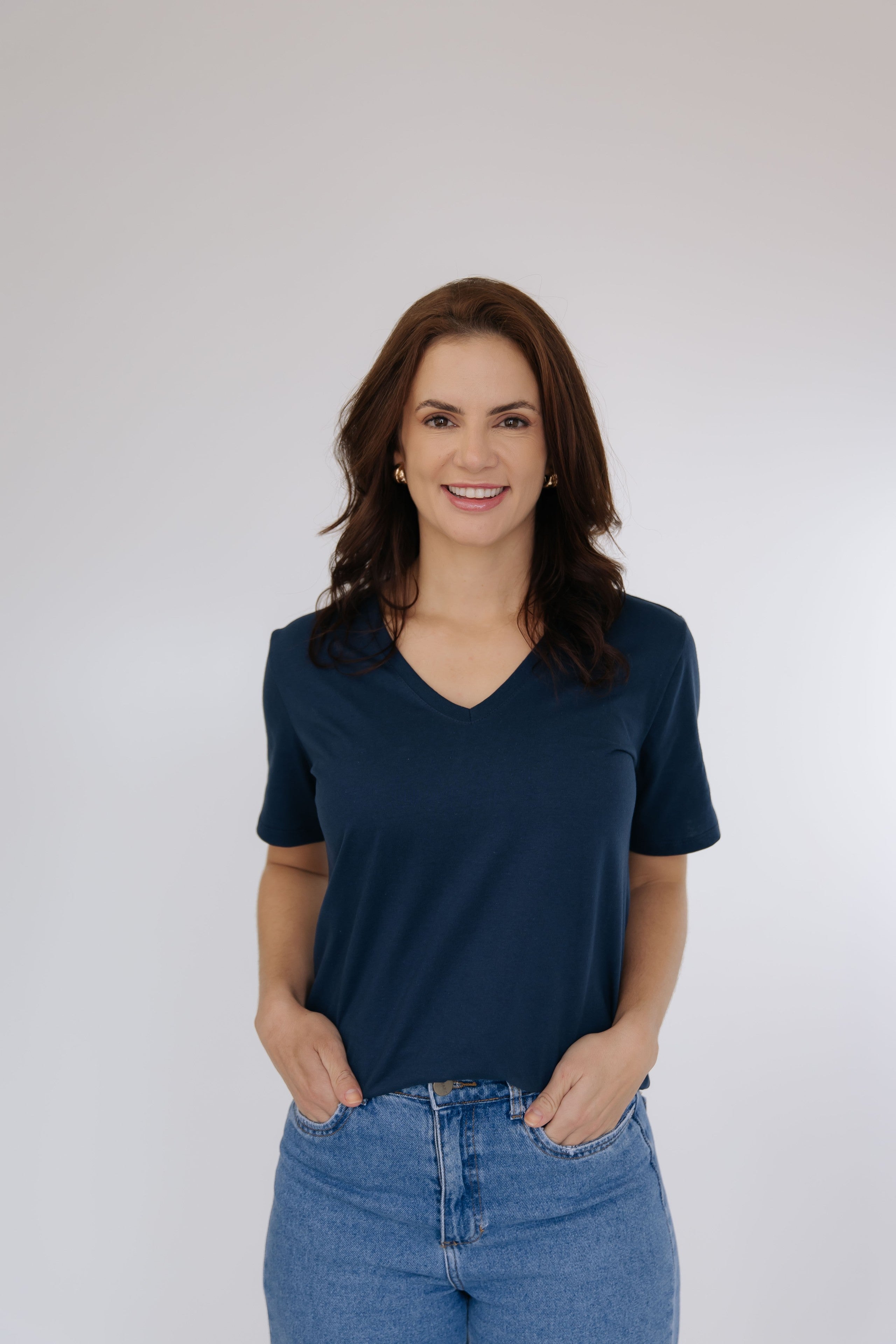 Camiseta Gola V Feminina  Algodão  Pima - AZUL MARINHO