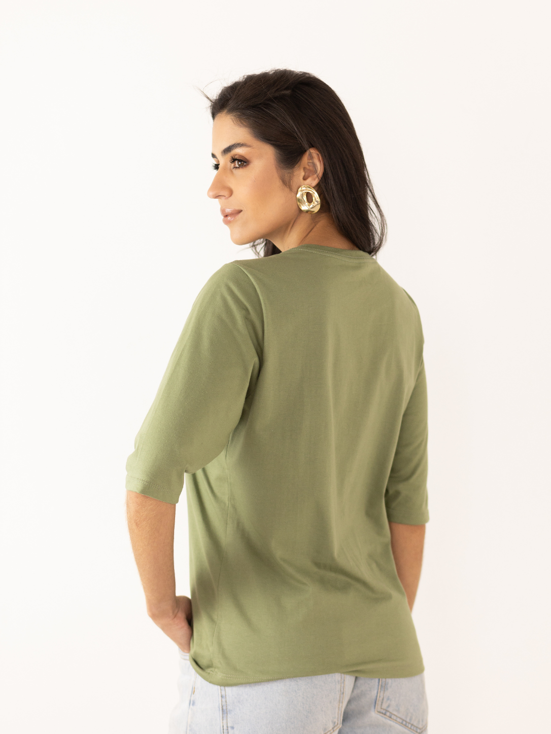 Camiseta Manga 3/4 Algodão Premium - Verde Militar