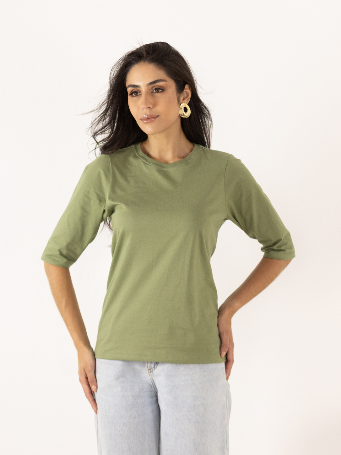 Camiseta Manga 3/4 Algodão Premium - Verde Militar