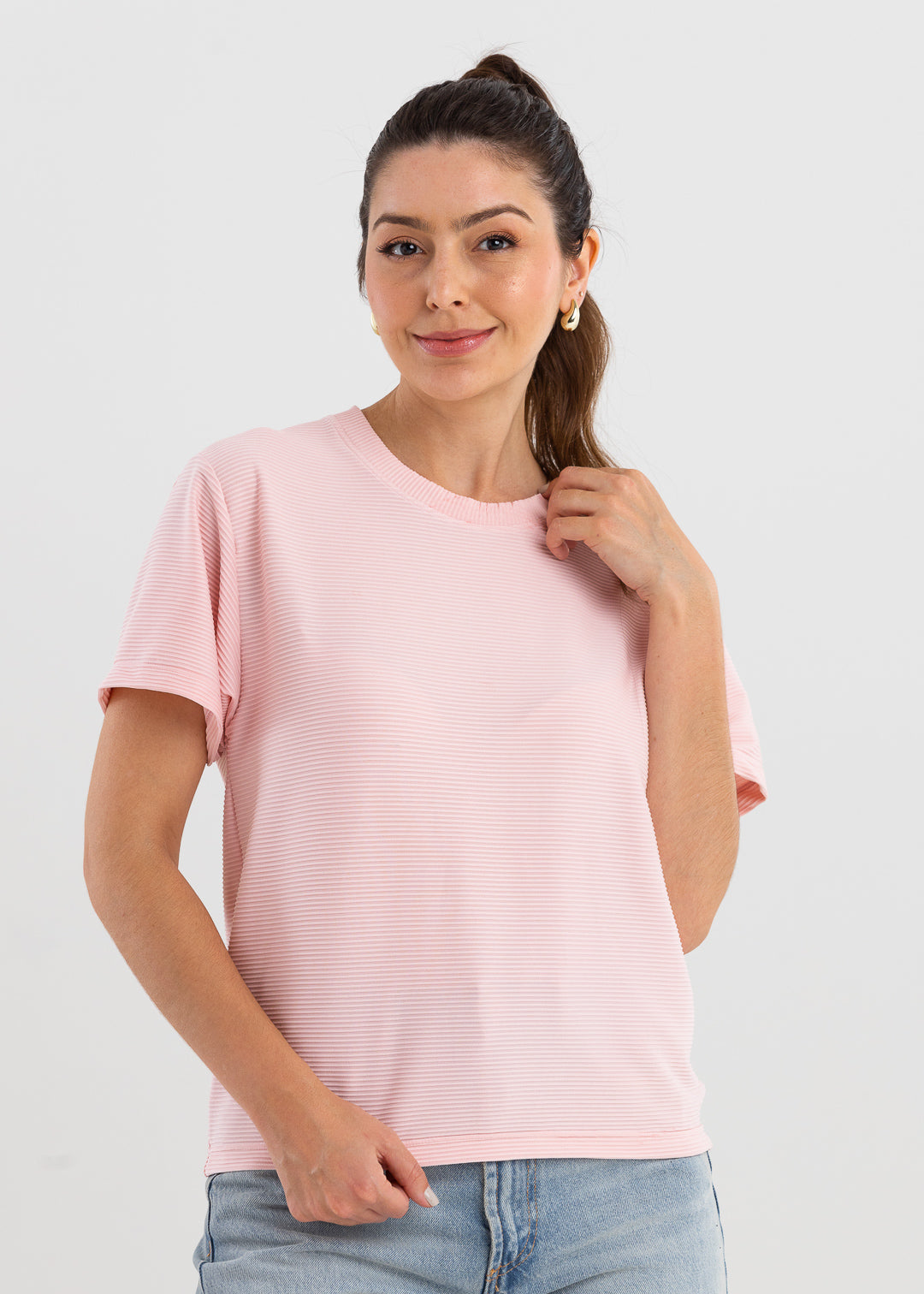 Camiseta de Malha Trabalhada - Rosa