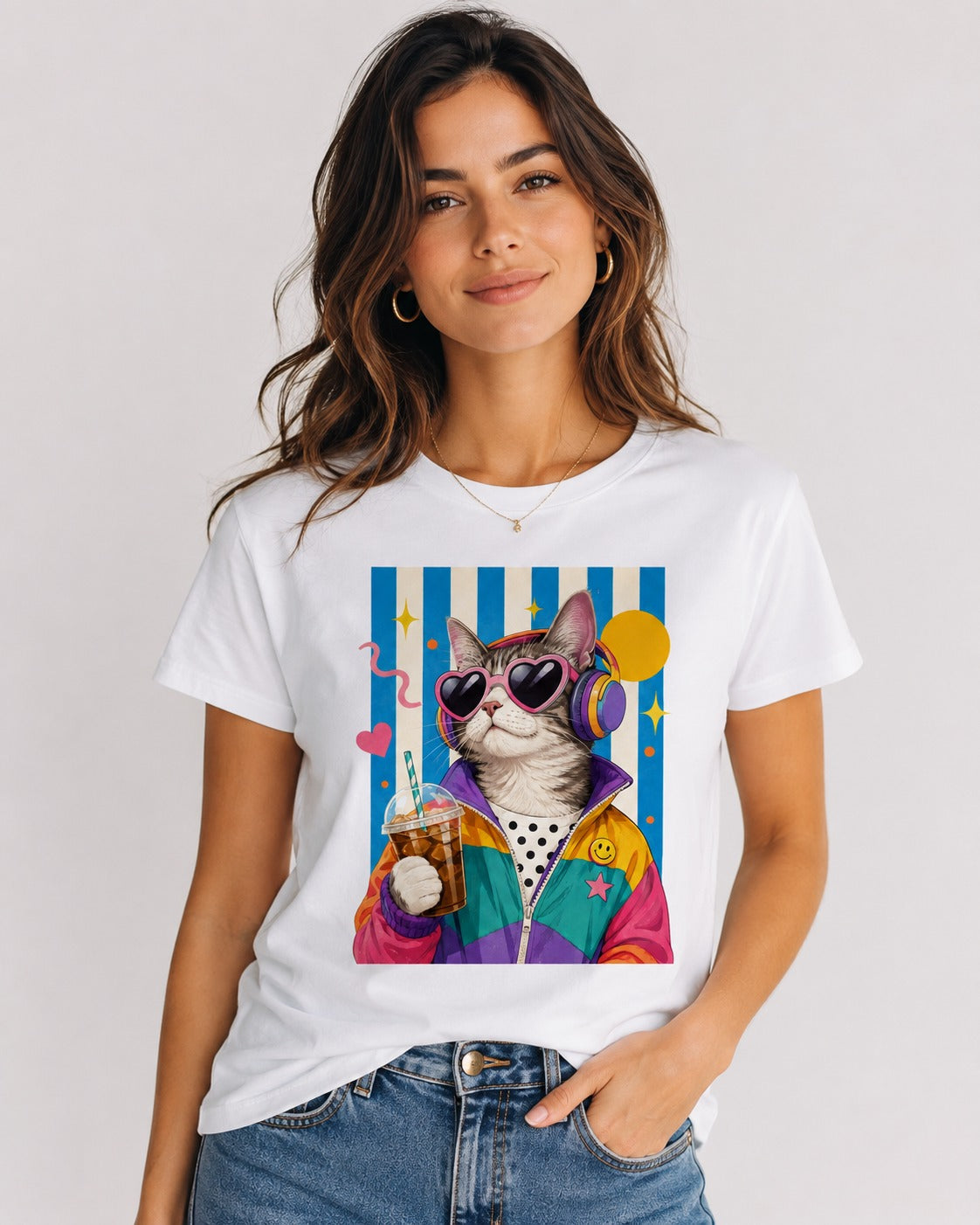 Camiseta Básica Manga Curta Branca Cat Lady