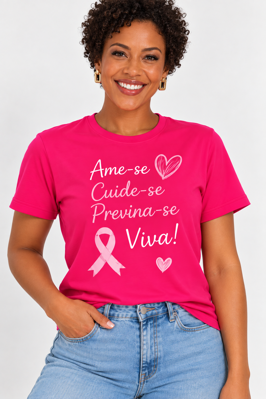 Camiseta Outubro Rosa - Ame-se, Cuide-se, Previna-se!