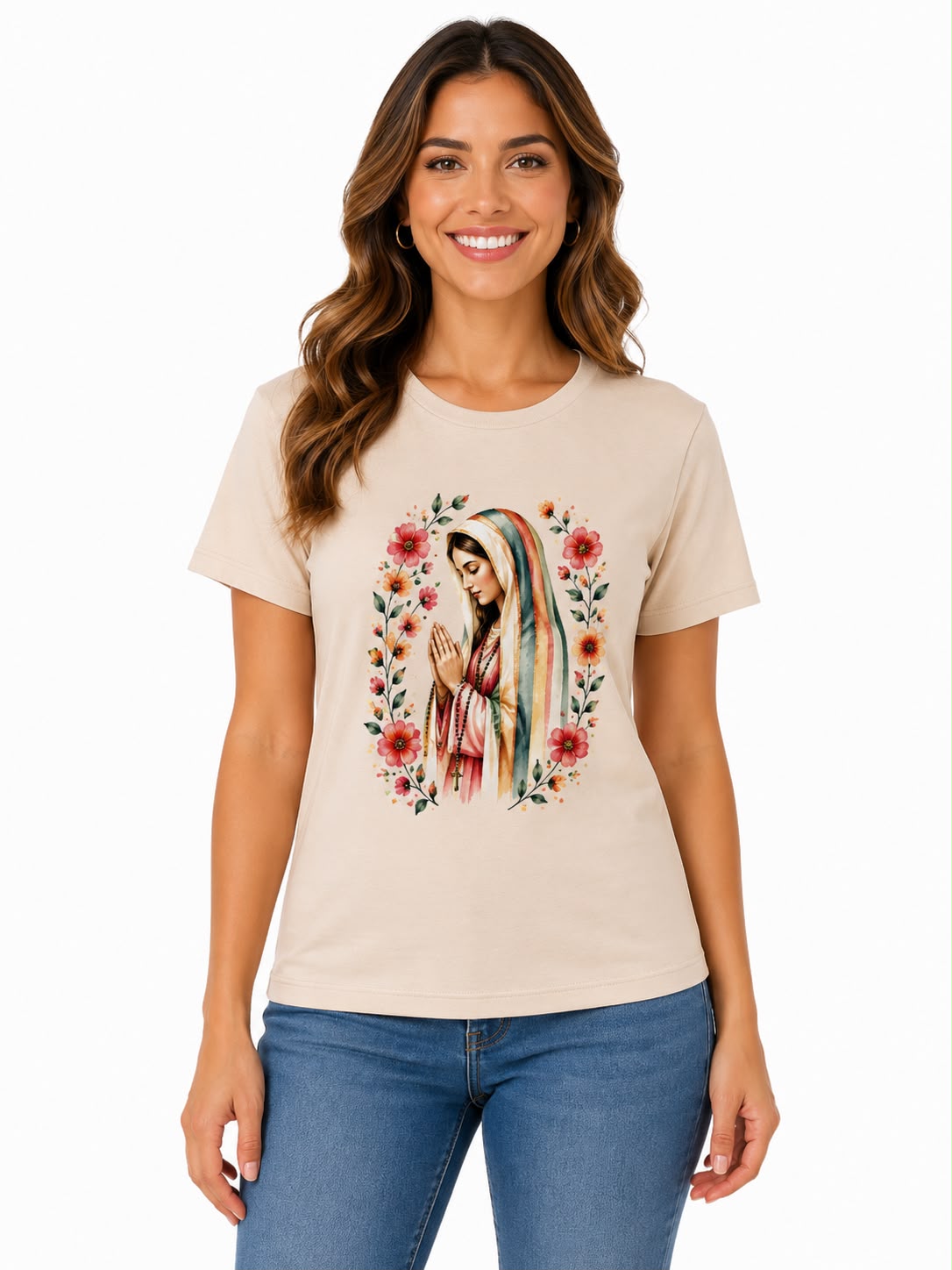Camiseta Manga Curta Bege Virgem Maria