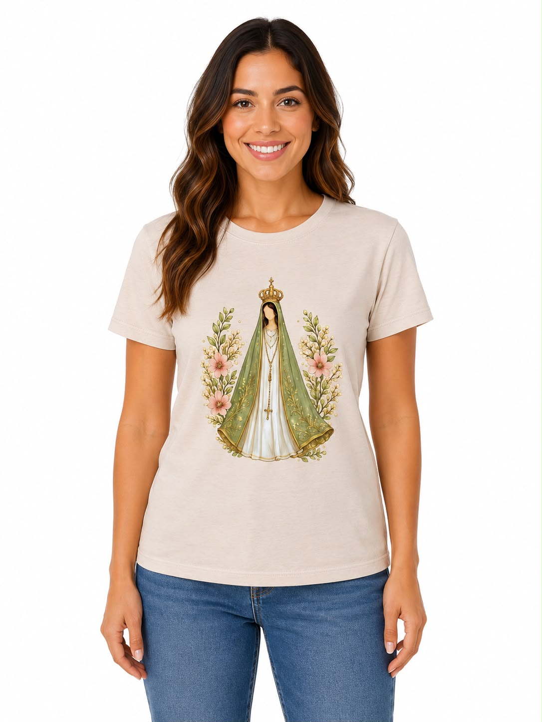 Camiseta Manga Curta Bege Nossa Senhora Aparecida Manto Verde