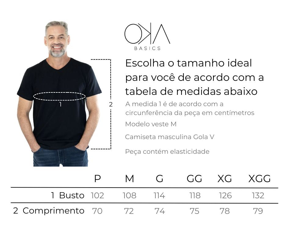 Camiseta Masculina Gola V  Algodão com Elastano - Preta